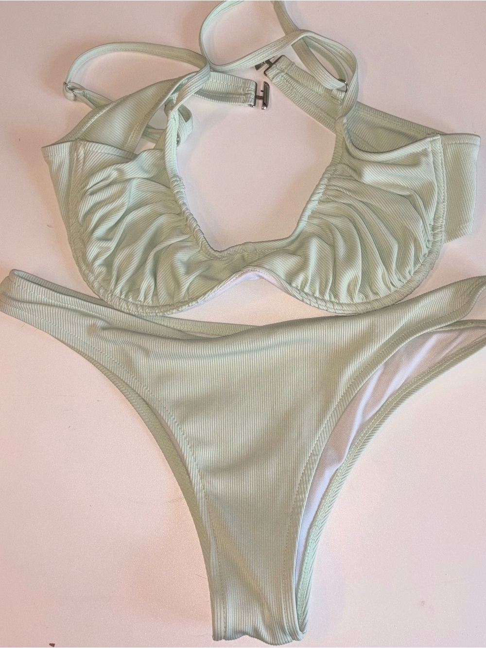 Mint Green Ribbed Bikini Set Small Underwire High Cut Cheeky